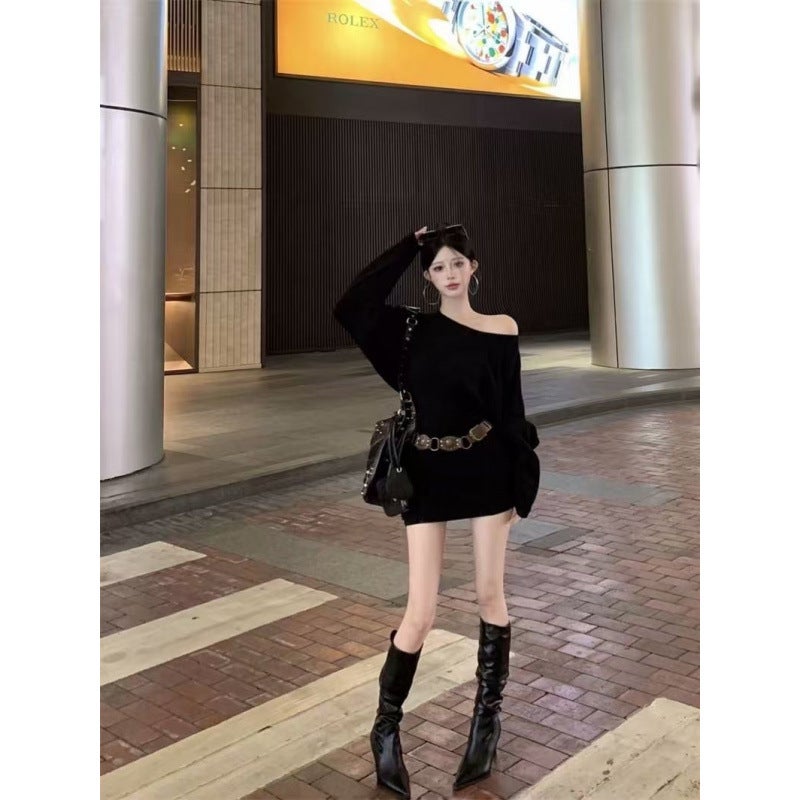 Leiduo Khaki Slant Shoulder Long-Sleeved Knitted Sweater Autumn Dress Slim-Fit Short Skirt Pure Desire Style Tight Waist Hip Skirt - Image 4