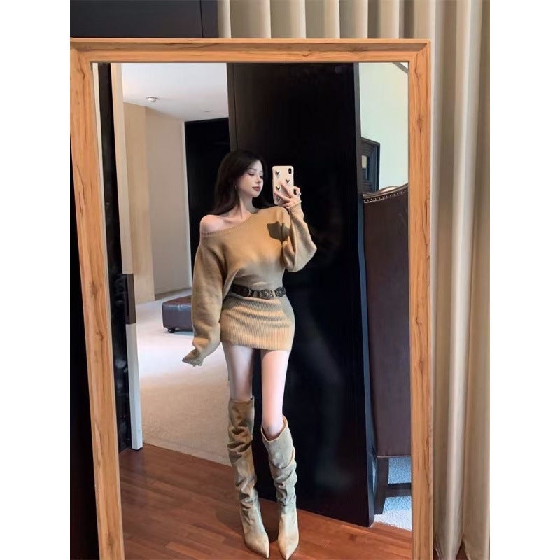 Leiduo Khaki Slant Shoulder Long-Sleeved Knitted Sweater Autumn Dress Slim-Fit Short Skirt Pure Desire Style Tight Waist Hip Skirt - Image 5