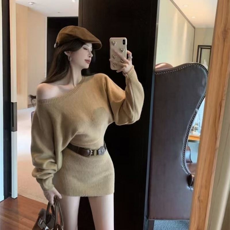 Leiduo Khaki Slant Shoulder Long-Sleeved Knitted Sweater Autumn Dress Slim-Fit Short Skirt Pure Desire Style Tight Waist Hip Skirt - Image 1