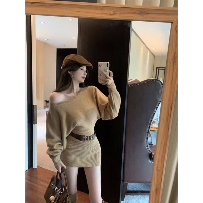 Leiduo Khaki Slant Shoulder Long-Sleeved Knitted Sweater Autumn Dress Slim-Fit Short Skirt Pure Desire Style Tight Waist Hip Skirt - Image 2