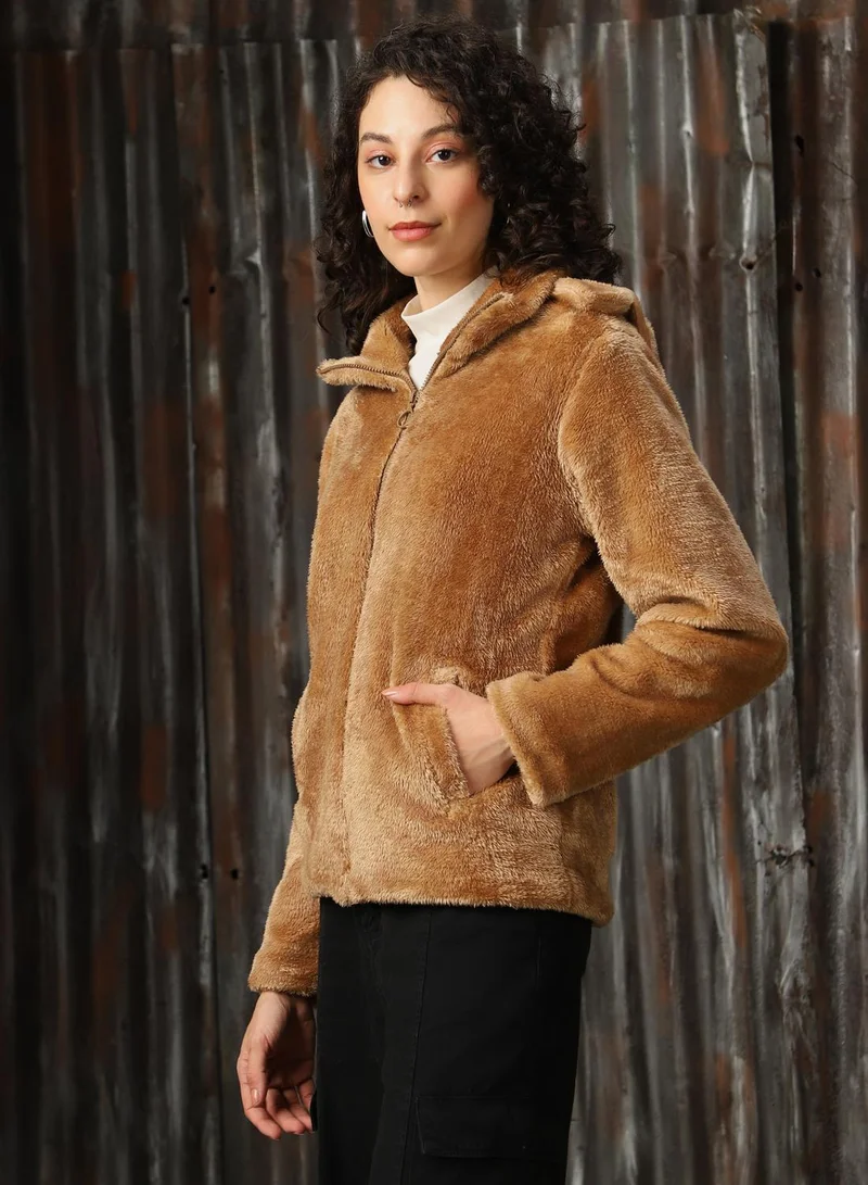 HIGH STAR Women's Beige Foxfur Solid Oversized Jacket