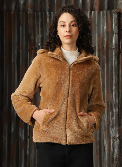 HIGH STAR Women's Beige Foxfur Solid Oversized Jacket