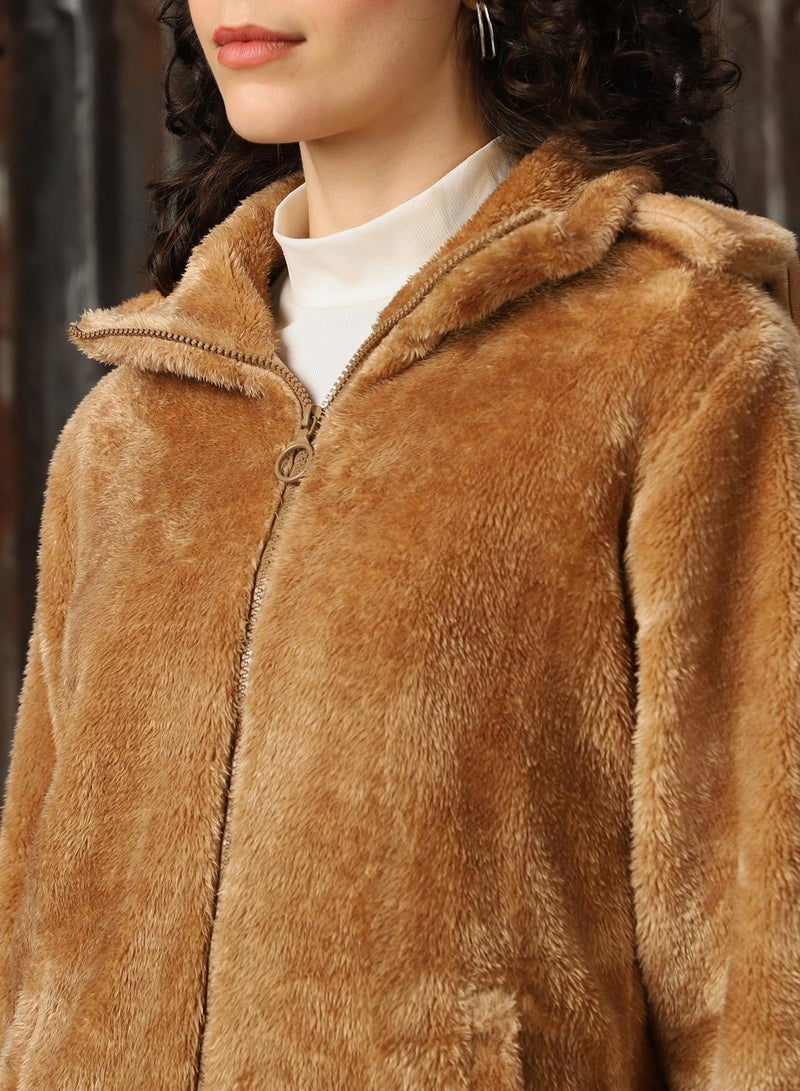 HIGH STAR Women's Beige Foxfur Solid Oversized Jacket - Image 5