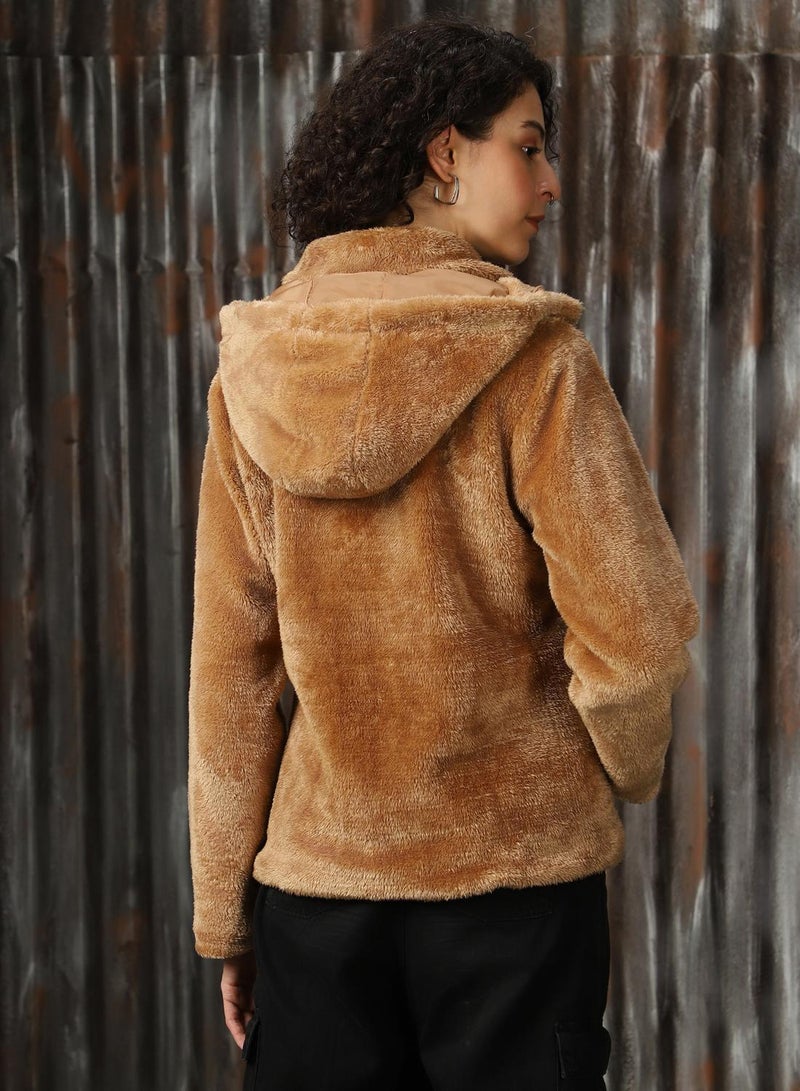 HIGH STAR Women's Beige Foxfur Solid Oversized Jacket - Image 3