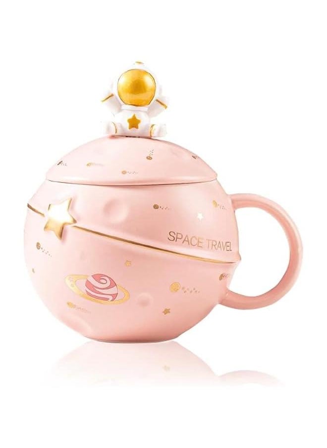 HOOKOR Cute Space Ceramic Mug,Kawaii Astronaut Coffee Cup, Funny Mugs with Lid and Spoon, Personalised Cups for Coffee, Tea and Milk, Birthday Gifts for Women/Kids (Pink)  - Image 1