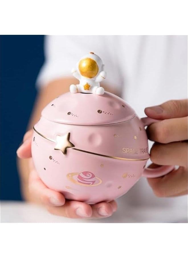 HOOKOR Cute Space Ceramic Mug,Kawaii Astronaut Coffee Cup, Funny Mugs with Lid and Spoon, Personalised Cups for Coffee, Tea and Milk, Birthday Gifts for Women/Kids (Pink)  - Image 2