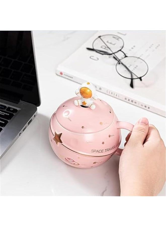 HOOKOR Cute Space Ceramic Mug,Kawaii Astronaut Coffee Cup, Funny Mugs with Lid and Spoon, Personalised Cups for Coffee, Tea and Milk, Birthday Gifts for Women/Kids (Pink)  - Image 3