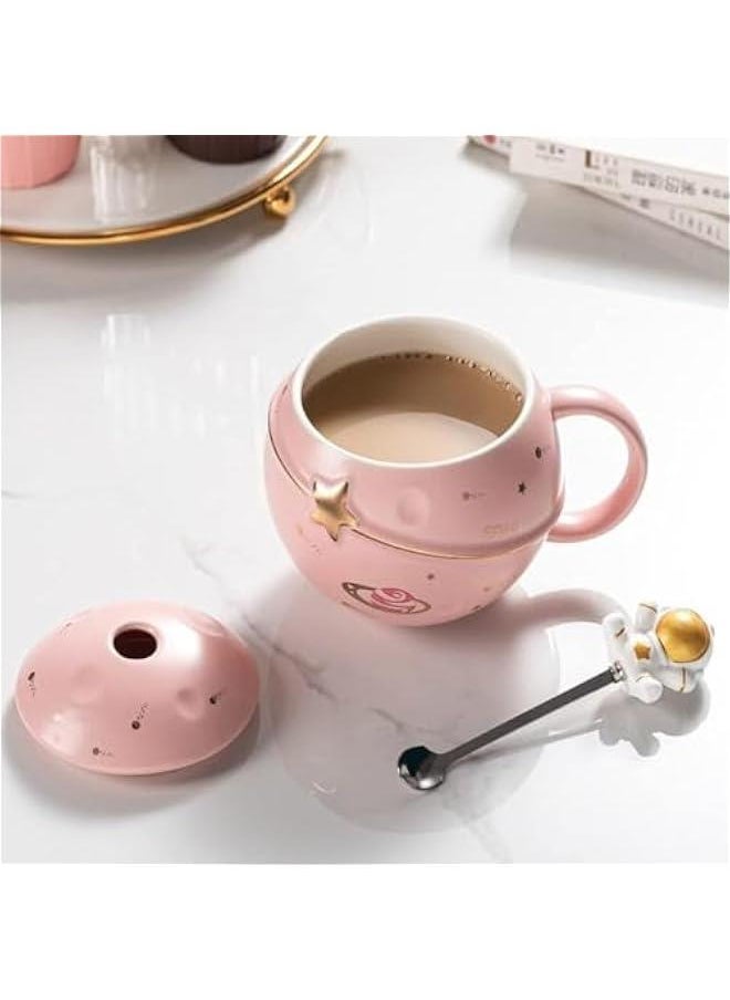 HOOKOR Cute Space Ceramic Mug,Kawaii Astronaut Coffee Cup, Funny Mugs with Lid and Spoon, Personalised Cups for Coffee, Tea and Milk, Birthday Gifts for Women/Kids (Pink)  - Image 4