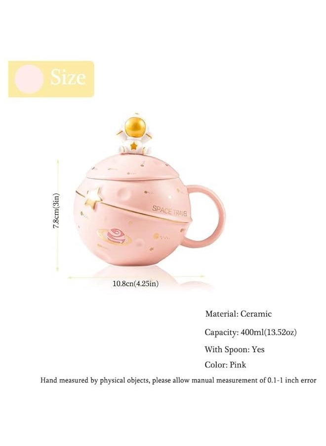 HOOKOR Cute Space Ceramic Mug,Kawaii Astronaut Coffee Cup, Funny Mugs with Lid and Spoon, Personalised Cups for Coffee, Tea and Milk, Birthday Gifts for Women/Kids (Pink)  - Image 5