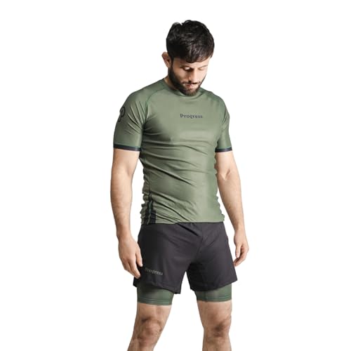 Progress Jiu Jitsu Academy+ Short SleeveRashguard | Flexible and Durable BJJ Rash Guard | Moisture-Wicking Compression Tops for Men and Women | 80% Polyester/20% Spandex (XS, Khaki) - Image 1