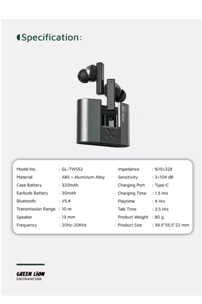 GREEN LION ZINC X Metal TWS Earbuds with Active Noise Cancellation (ANC), Aluminum Alloy Case, High-Definition Microphone, 25dB Noise Reduction, 10 Meters Transmission Range - Black - Image 5