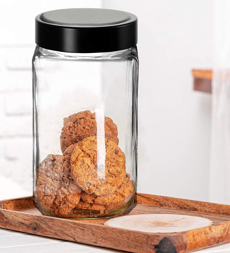 Brezzycloud Square Glass Container 1000Ml Transparent Glass Jars & Containers Kitchen Pantry, Masala, Pickles, Cookies, Dry Fruits, Coffee Storage Glass Jar With Black Plastic Lid (Set Of 6) - Image 2
