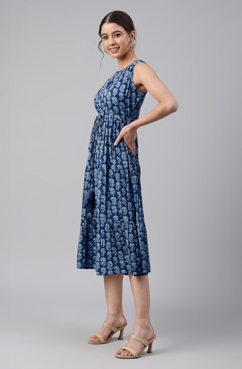Janasya Women's Indigo Pure Cotton Floral Printed Tiered Dress (JAC24DR01521-M) - Image 3