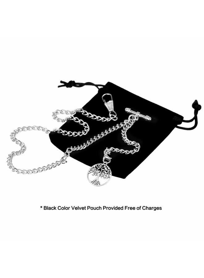 TREEWETO Men's Albert Chain Pocket Watch Curb Link Key Chain 2 Hooks with Antique Life Tree Pendant Design Charm Fob T Bar, Silver - Image 2