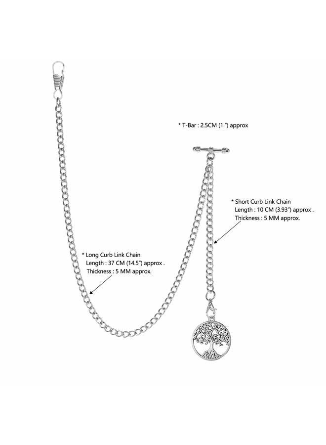 TREEWETO Men's Albert Chain Pocket Watch Curb Link Key Chain 2 Hooks with Antique Life Tree Pendant Design Charm Fob T Bar, Silver - Image 4