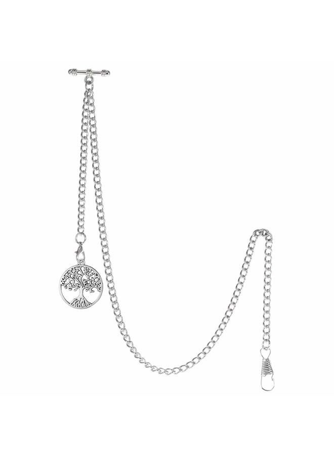 TREEWETO Men's Albert Chain Pocket Watch Curb Link Key Chain 2 Hooks with Antique Life Tree Pendant Design Charm Fob T Bar, Silver - Image 1
