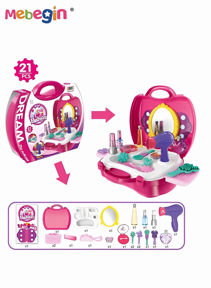MEBEGIN 21 pieces Kids Makeup Suitcase Kit Girl Pretend Play Makeup Toy For Toddler Gifts With Hair Dryer Comb Mirror Lipstick Makeup Brush - Image 4