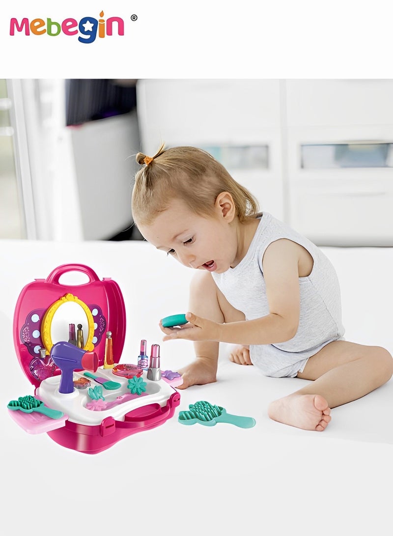MEBEGIN 21 pieces Kids Makeup Suitcase Kit Girl Pretend Play Makeup Toy For Toddler Gifts With Hair Dryer Comb Mirror Lipstick Makeup Brush - Image 5