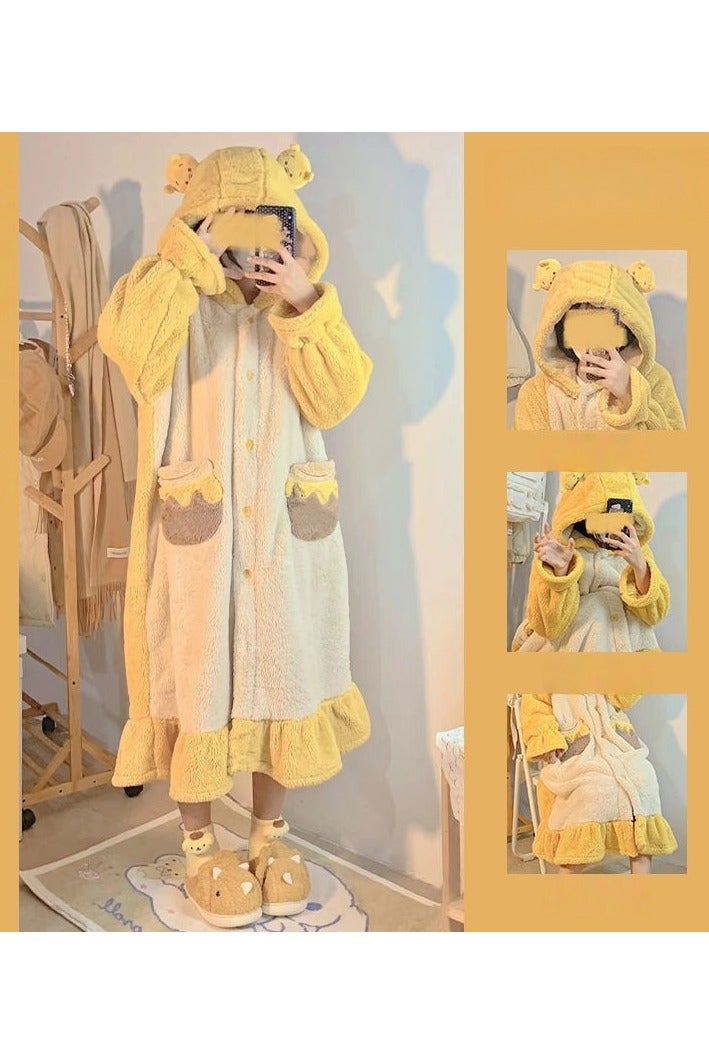 Nariele Cute Cartoon Bear Hooded Coral Velvet Pajamas Home Wear
