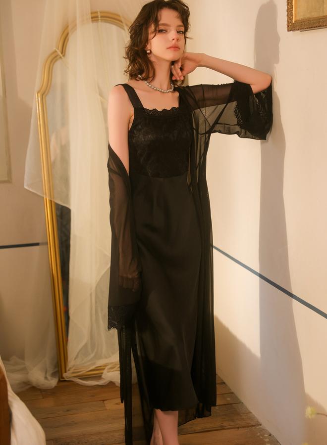 Take Two Black Square Neck Lace Slip and Mesh Robe Set - Image 3