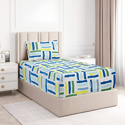 BSB HOME 180 Tc 100% Cotton Abstract Print Mix N Match Single Bed Sheet with 1 Pillow Covers for Single/Coat/Diwan Bed, Blue and White - Image 1