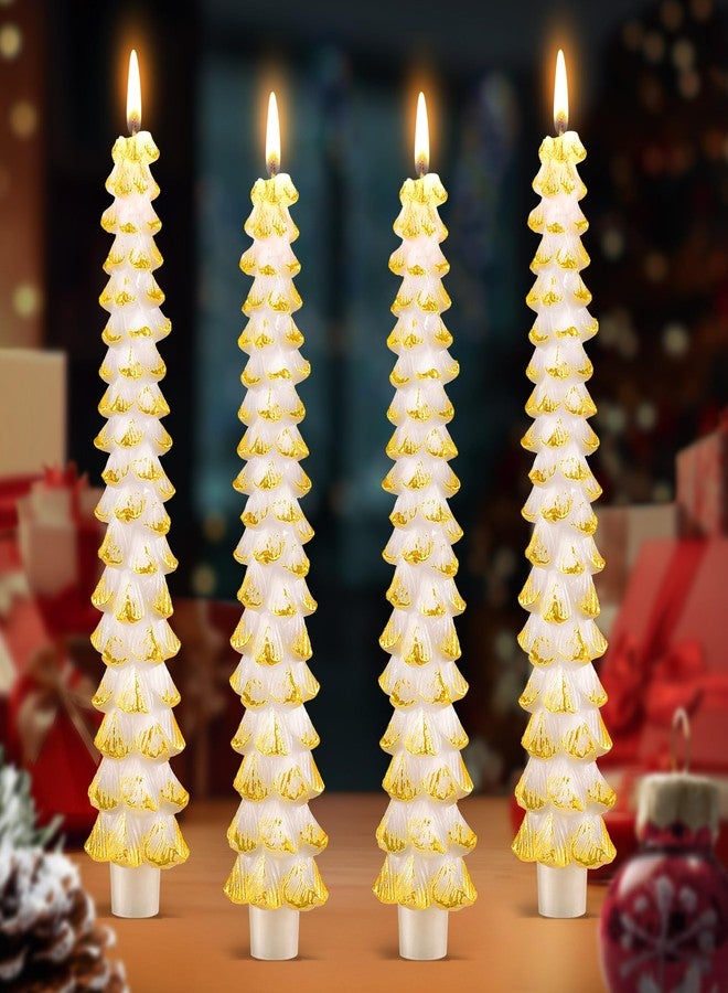 Ceoighe 4 Pack 10 Inch Christmas Tree Candles, Premium Natural Unscented Beeswax Christmas Tree Shaped Taper Candles with Cotton Wick, for Xmas Holiday Decor Party Banquet (White with Gold Trim) - Image 1