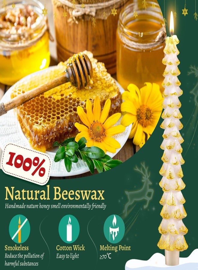 Ceoighe 4 Pack 10 Inch Christmas Tree Candles, Premium Natural Unscented Beeswax Christmas Tree Shaped Taper Candles with Cotton Wick, for Xmas Holiday Decor Party Banquet (White with Gold Trim) - Image 4
