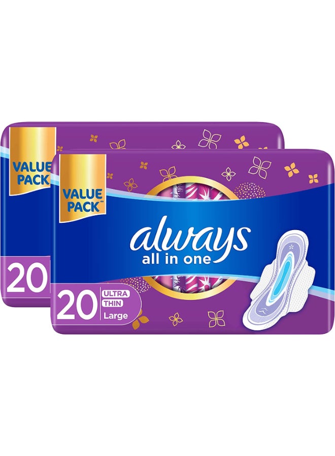 Always All in one Ultra Thin, Large sanitary pads with wings, 20 pads Dual Pack - Image 1