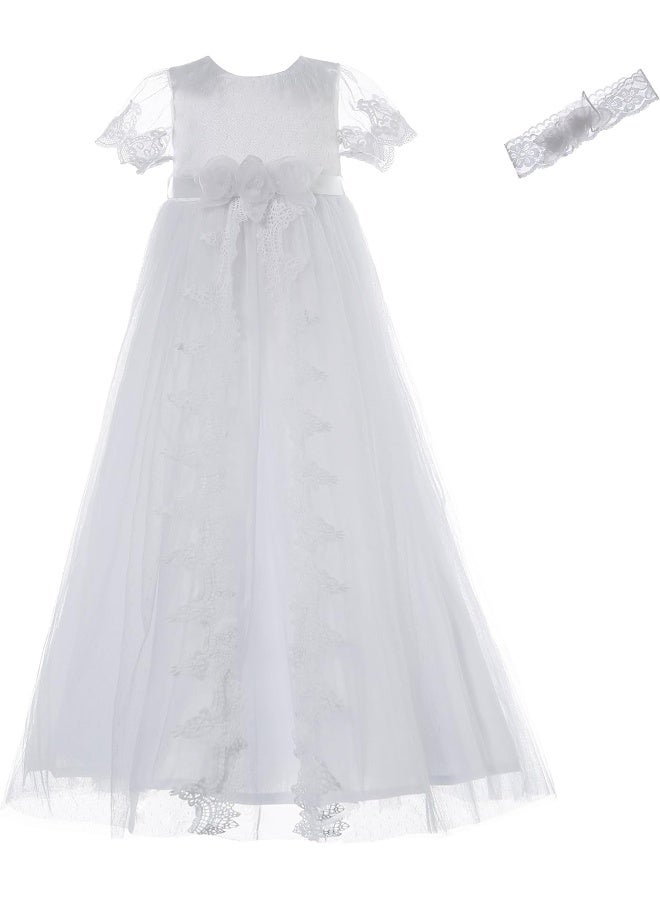NIMBLE NIMBLE Baby Girls Christening Lace Mesh Dress Set with Headband for 0-12 Months  - Image 1