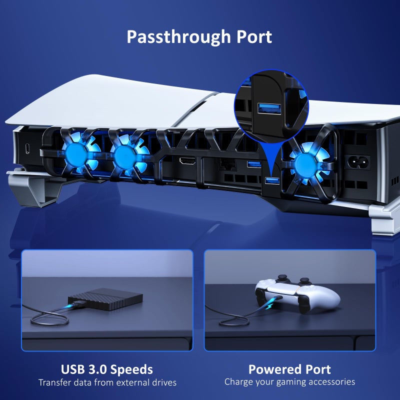 NEXIGO حامل أفقي NexiGo PS5 Slim مع مروحة تبريد صامتة محسّنة، سرعة قابلة للتعديل، [ضوضاء منخفضة]، [تشغيل/إيقاف تلقائي]، منفذ USB 3.0، ضوء LED مدمج، للإصدارات القرصية والرقمية على حد سواء - Image 4