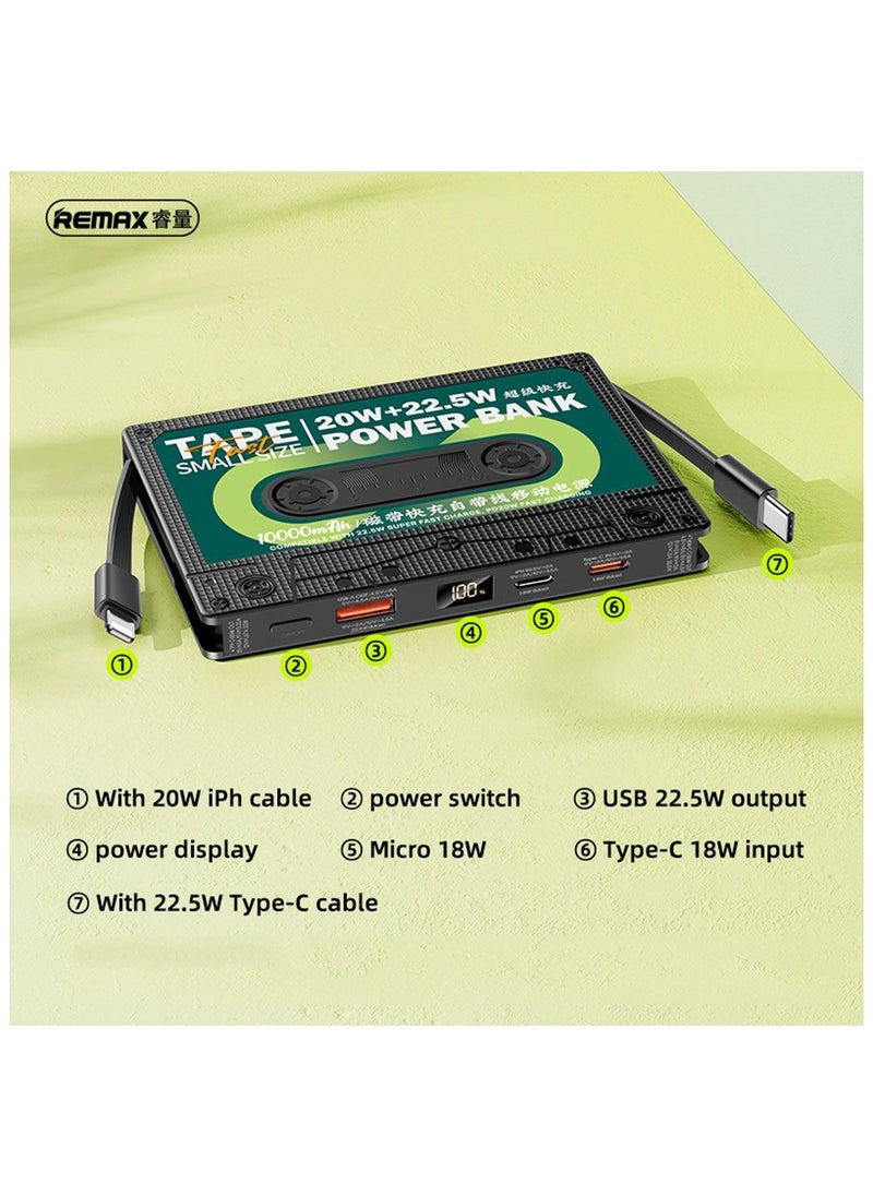 REMAX - 10000mAh Tape Series Power Bank with 20W PD + 22.5W QC Fast Charging, Built-in Type-C & iPhone Cables, LED Power Display, Ultra Slim Design - Image 1