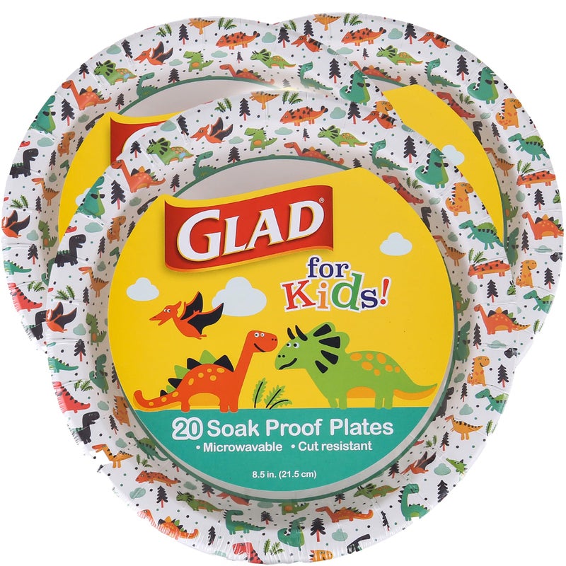 Glad for Kids Dinosaur Disposable Paper Plates, Heavy Duty Soak Proof Microwave Safe Kids Plates for Snacks, Meals, and Parties, Fun Dino Design, Party Pack, 8.5 Inch, 20 Count - 3 Pack - Image 1