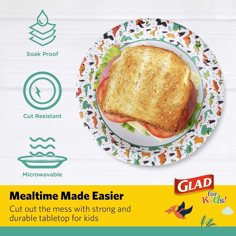Glad for Kids Dinosaur Disposable Paper Plates, Heavy Duty Soak Proof Microwave Safe Kids Plates for Snacks, Meals, and Parties, Fun Dino Design, Party Pack, 8.5 Inch, 20 Count - 3 Pack - Image 2