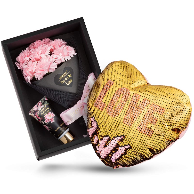 LOVERY Bath and Body Gift Baskets for Women Spa Gift Basket Plant Essential Oil with Bouqet of Pink Carnation Soaps Fresh Peony and Jasmine Scented Hand Lotion Reversible Sequin Love Heart Pillow 