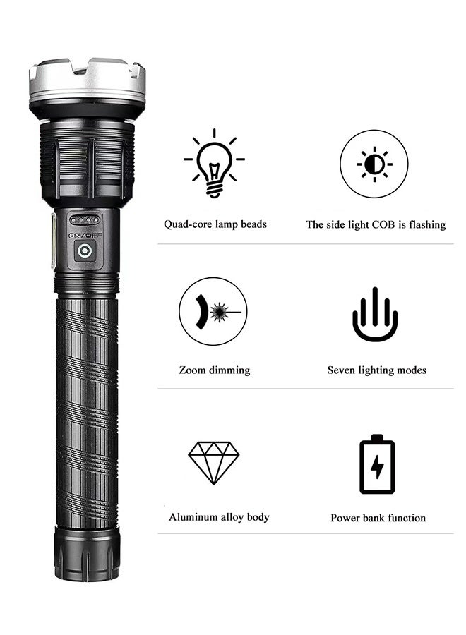 أهاكاك هيكل من سبائك الألومنيوم - مصباح يدوي خارجي طويل المدى قابل لإعادة الشحن - مصباح يدوي عالي الكثافة 9000 لومن - مزود بمصباح يدوي بطارية 26500 مللي أمبير في الساعة وشحن USB - Image 3