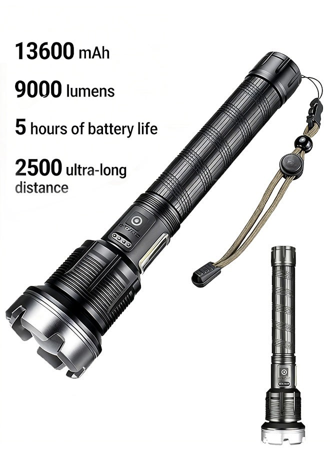 13600 mAh Handheld Flashlight Battery Five Hours of Battery Life -9000 Lumens High-Intensity Flashlight-Aluminum Alloy Body - USB Rechargeable Zoom Long-Range Outdoor Handheld Flashlight