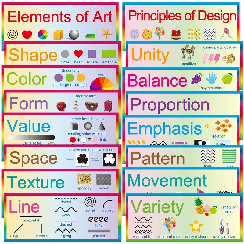 Fancy Land Elements of Art Principles of Design 16 Art Posters 7 x 17 Educational Posters Classroom Decoration - Image 1