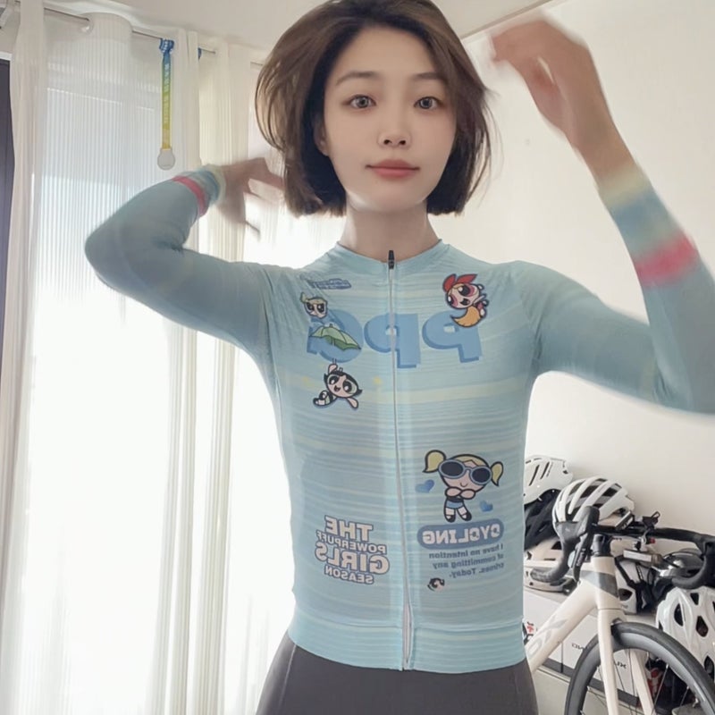 Blue Pink KT Webbing Cycling Jersey Thin and Fleece Long Sleeve Bicycle Wear - Image 3