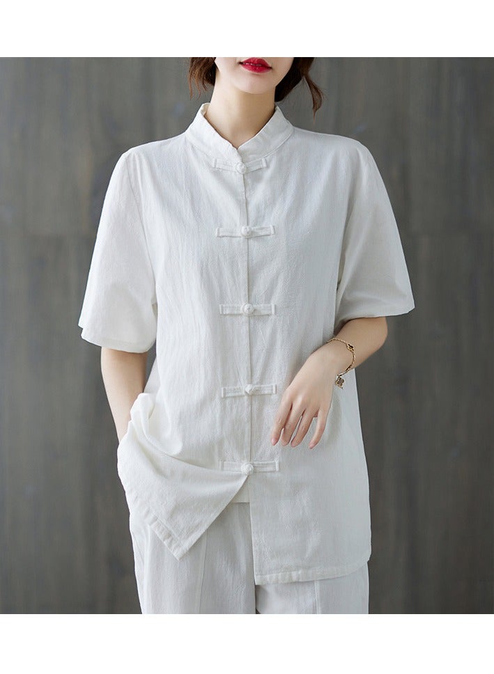 طقم بدلة تانغ على الطراز الصيني من القطن والكتان 9066 أبيض بأكمام قصيرة وقميص