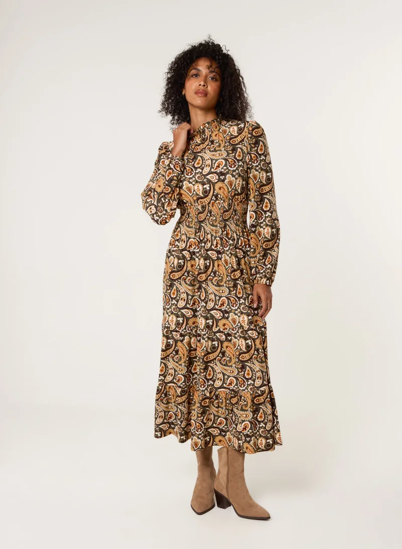 Paisley High Neck Shirred Waist Dress