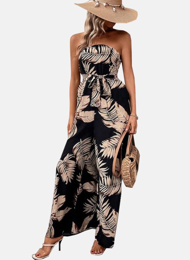 يونيكي جمبسوت أساسي أسود مطبوع بياقة مربوطة وكتف مكشوف - Image 3