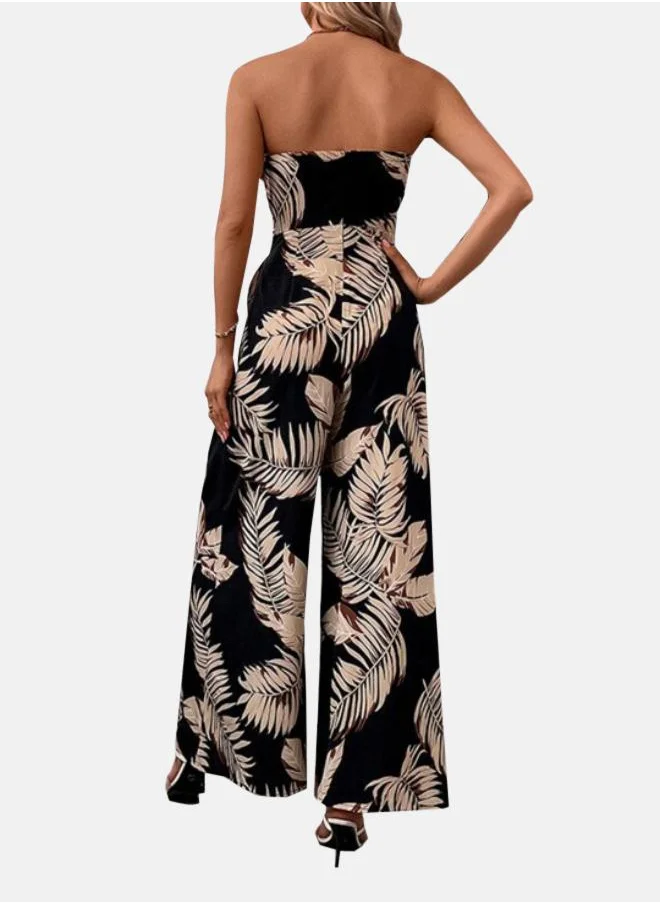 يونيكي Black Off-Shoulder Printed Tie-Up Neck Basic Jumpsuit