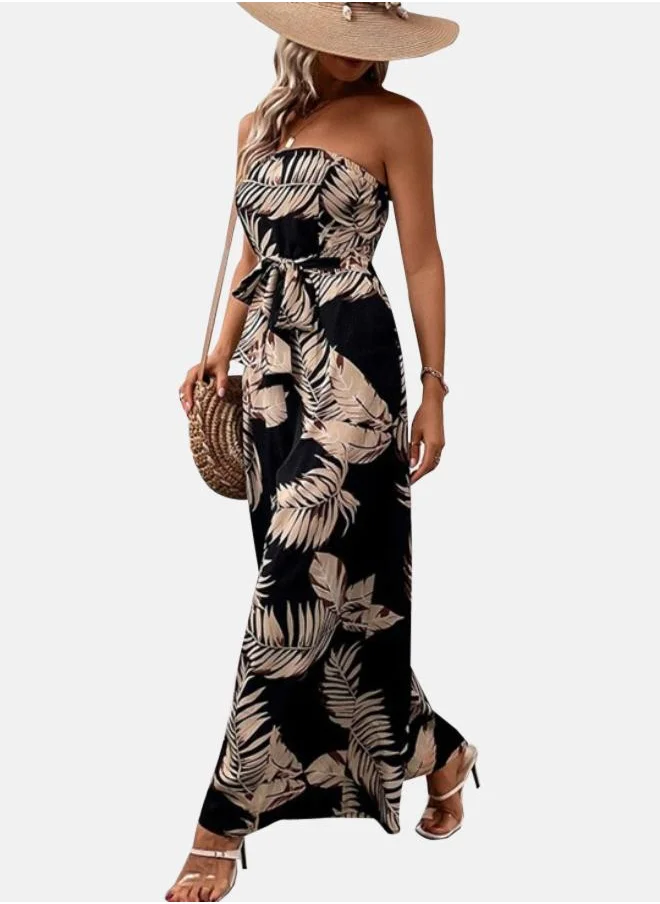 يونيكي Black Off-Shoulder Printed Tie-Up Neck Basic Jumpsuit