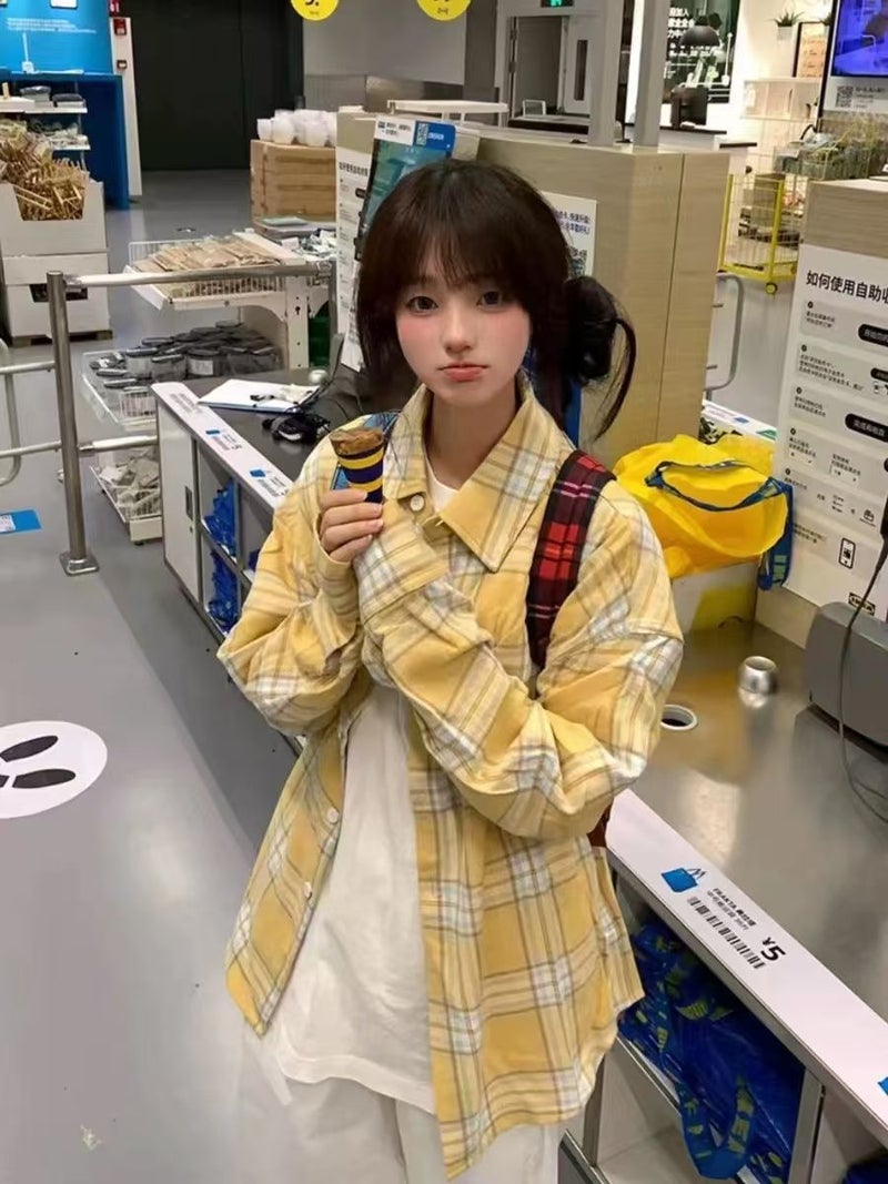 [Self-set factory in stock now hair] yellow plaid shirt womens inner wear folded base coat loose thin Green