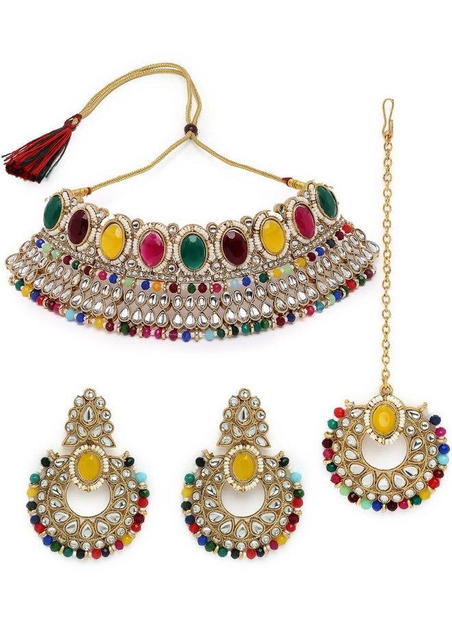 Sukkhi سلسلة قلادة متعددة الكوندان والخرز المطلية بالذهب من سوكي مع أقراط وماانتيكا | مجموعة مجوهرات للنساء (NS105575) - Image 1