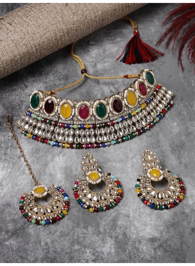 Sukkhi سلسلة قلادة متعددة الكوندان والخرز المطلية بالذهب من سوكي مع أقراط وماانتيكا | مجموعة مجوهرات للنساء (NS105575) - Image 4