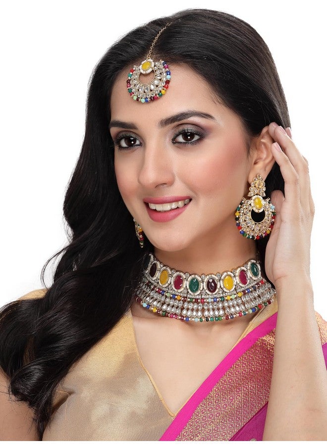 Sukkhi سلسلة قلادة متعددة الكوندان والخرز المطلية بالذهب من سوكي مع أقراط وماانتيكا | مجموعة مجوهرات للنساء (NS105575) - Image 2