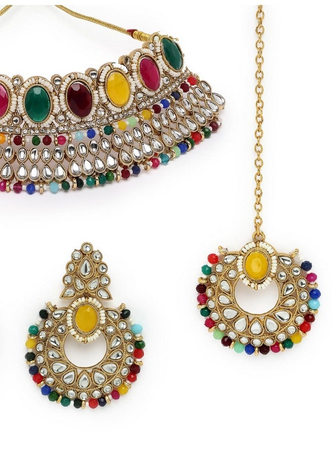 Sukkhi سلسلة قلادة متعددة الكوندان والخرز المطلية بالذهب من سوكي مع أقراط وماانتيكا | مجموعة مجوهرات للنساء (NS105575) - Image 5