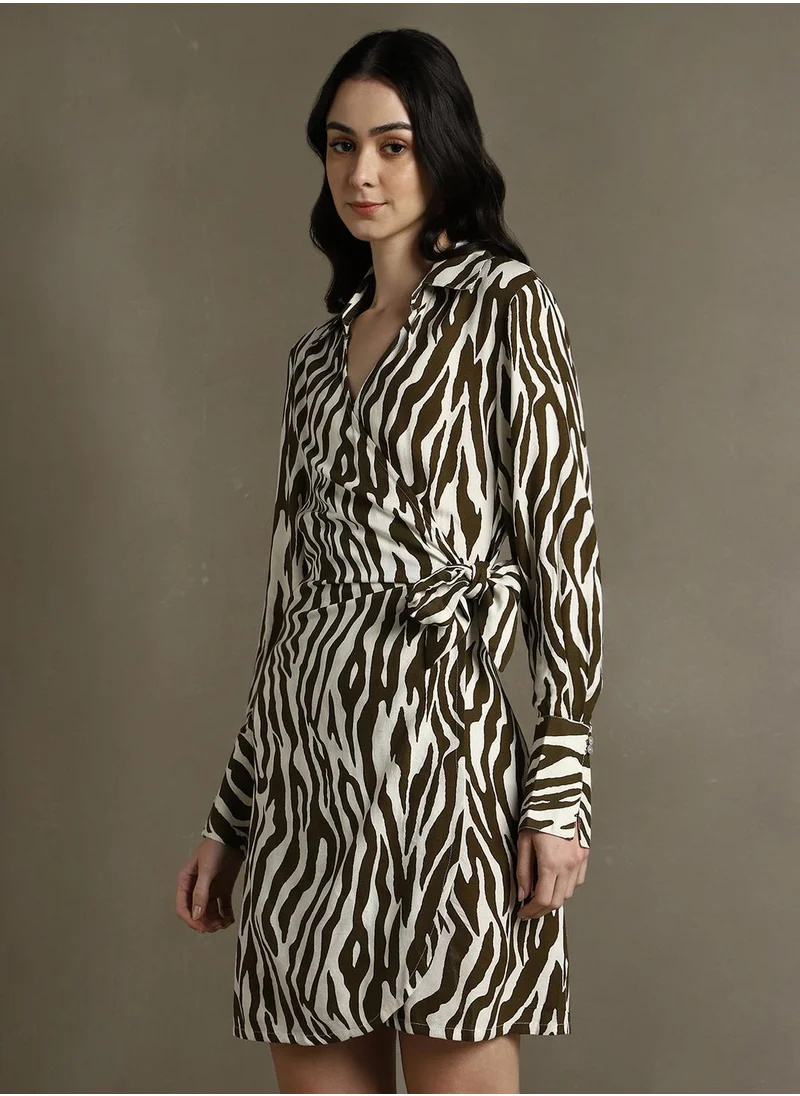 دينيس لينغو Women's Brown 100% Rayon Printed Knee Length Shirt Regular Fit Dress
