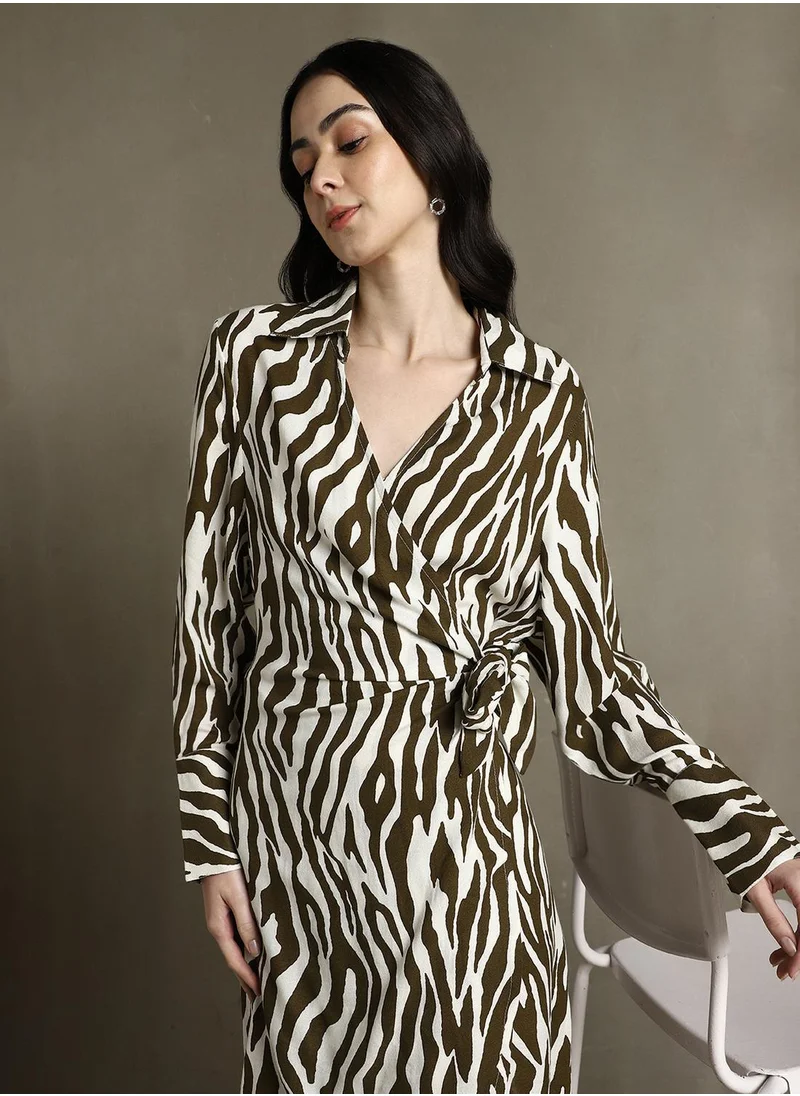 دينيس لينغو Women's Brown 100% Rayon Printed Knee Length Shirt Regular Fit Dress